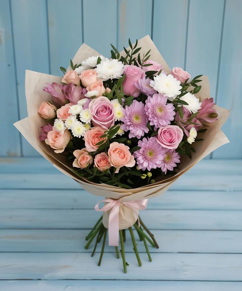 Букет цветов из: Хризантемы, Розы и Альстромерии в Кострово